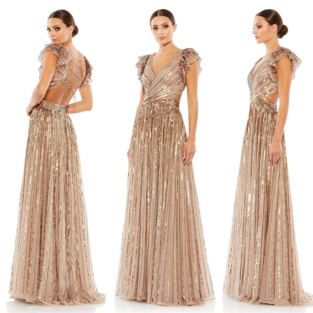 Mac Duggal 5568 Copper Sequined Cut Out Ruffled Lace Up Gown
